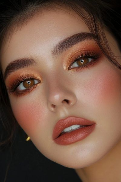 Autumn Aesthetic Makeup, Fall Smokey Eye Makeup, Makeup Fall 2024, Orange Blush Makeup Looks, Trendy Makeup Looks 2024, Fall Makeup Wedding, Stage Makeup Looks, Plus Size Makeup Looks, Autumn Makeup Aesthetic