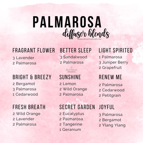 Essential Oils Uses Chart, Palmarosa Essential Oil, Doterra Diffuser, Homemade Essential Oils, Doterra Diffuser Blends, Essential Oil Combinations, Doterra Essential Oils Recipes, Essential Oil Diffuser Blends Recipes, Essential Oils Guide