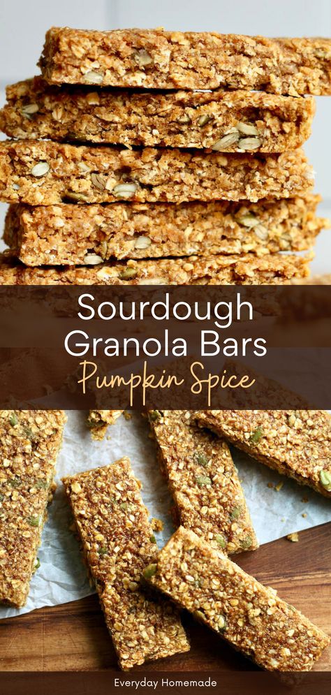 Looking for a quick and easy fall snack idea? Try these soft and chewy Pumpkin Spice Sourdough Granola Bars! Made with sourdough starter discard, this same-day recipe is perfect for back-to-school lunches or a healthy homemade treat. Baked with warm pumpkin spice and pumpkin puree, these granola bars are a delicious way to enjoy the flavors of fall. Sourdough Chewy Granola Bars, Sourdough Discard Pumpkin Bars, Sourdough Pumpkin Bars, Sourdough Discard Granola Bars, Pumpkin Sourdough Discard Recipes, Sourdough Granola Bars, Healthy Granola Bars Homemade, Sourdough Pumpkin Recipes, Recipes With Sourdough Starter