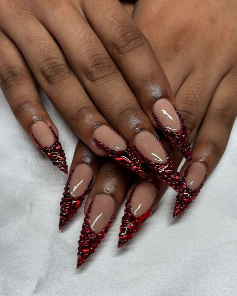 Red Diamond Frenchies ❤️💎 • • • Apres Natural Stiletto Long • • • #nails #nailsnailsnails #nailsofinstagram #nailsbyavryl #gelx #gelxnails #gelxnailtech #explorepage #frenchtipnails #diamondnails #stilettonails Dark Red Stiletto Nails, Burgundy Stiletto Nails, Red Nails With Gems, Long Red Nails, Stilleto Nails Designs, Stiletto Nails Designs, Red Nail Designs, Long Acrylic, Winter Nail Designs