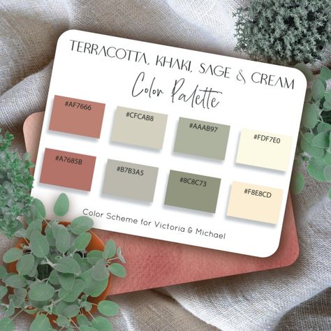 Color Scheme Palette for your wedding, home or marketing social media or branding. This card features a boho, natural feel with colors of Terra Cotta, sage greens, neural khaki and light creamy colors. Hex code included. Save time and the stress of selecting colors and give is card to the to your bridesmaids, wedding party, or party event planner. Great to take to the paint counter so they can match your home decor, cabinets, or house colors. I have many matching invitations with this color sche Sage Green Living Room Color Scheme, Sage Green Complimentary Colors, Sage Green Kitchen Ideas, Forest Color Palette, Century Bed, Green Kitchen Ideas, Terracotta Bedroom, Cream Color Palette, Terracotta Color Palette