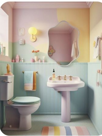 Minimalist With Color Interior Design, Colorful House Decor Eclectic, Home Pastel Color, Pastel Color Home Interiors, Pastel Eclectic Bathroom, Pink Pastel Bathroom, Bathroom Decor Pastel, Bathroom Pastel Colors, Pastel Toilet