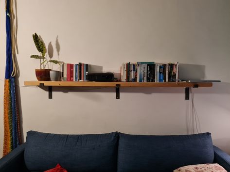 Shelf Above Couch, Shelf Over Bed, Projector Shelf, Projector Wall, Projector Stand, Behind Couch, Above Couch, First Apartment, Apartment Ideas