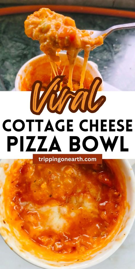 10-Minute Viral Cottage Cheese Pizza Bowl (High In Protein!) - Tripping On Earth Cottage Cheese Bowl Recipes, Pizza Bowl Recipe, Cottage Cheese Pizza Bowl, Cottage Cheese Pizza, Cottage Cheese Dessert Recipes, Cottage Cheese Recipes Healthy, Cheese Bowl, Cottage Cheese Desserts, Protein Pizza