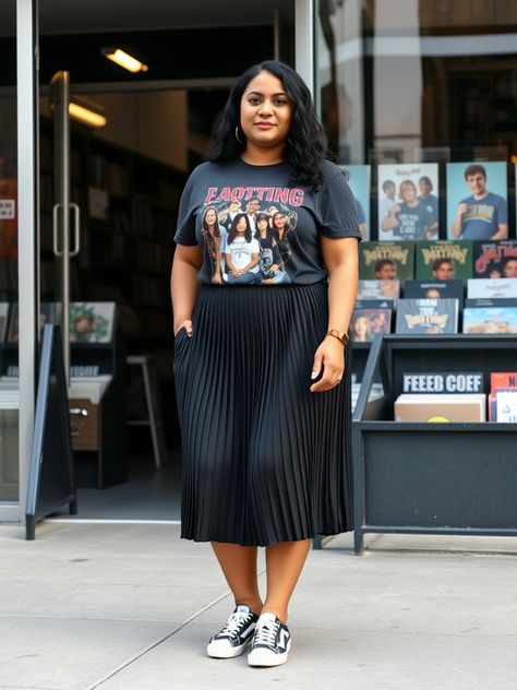 Fall Fashion Black Women Plus Size, Skirt And Sneakers Outfit Plus Size, Plus Size Outfits For Night Out, Plus Size Sweater Skirt Outfit, Plus Size Graphic Tee Outfit Ideas, Plus Size Outfits For New York, Fall Outfit Inspo 2024 Plus Size, Midi Skirt Plus Size Outfits, Faux Leather Skirt Outfit Plus Size