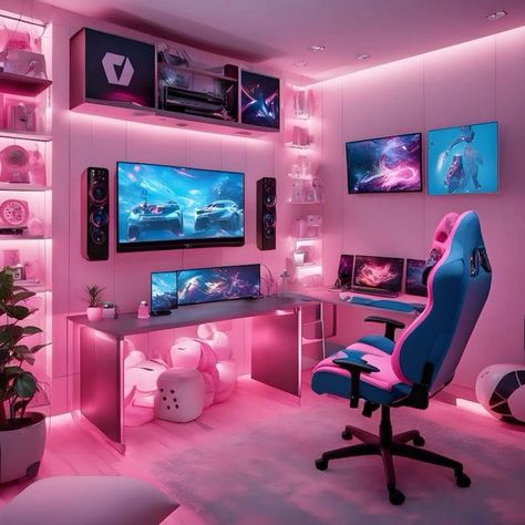 Gaming Room Setup Ps5, Female Gaming Room, Female Gamer Room, Girls Gamer Room, Women Gaming Setup, Gamer Bedroom Girl, Gaming Area In Bedroom, Gaming Bedroom Girl, Gaming Room Setup Girl