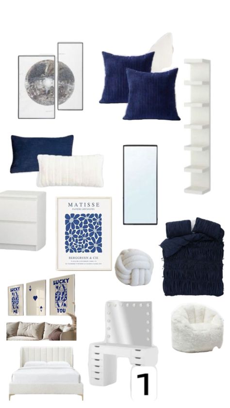 🎱 Blue And White Bedroom Ikea, Dark Blue Bed Ideas, Bedroom Aesthetic Navy Blue, Blue And Wood Room Aesthetic, Navy Minimalist Bedroom, Navy Room Inspiration, Navy Blue Accent Bedroom, Navy Blue College Dorm, Navy Grey And White Bedroom