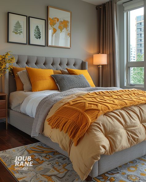 Transform your bedroom with a modern touch! This design features a grey tufted headboard, vibrant yellow accents, and stylish wall art. Perfect for a refreshing bedroom makeover. Discover more bedroom ideas at RegionalNest. Grey And Orange Bedroom Ideas, Grey And Yellow Bedroom, Grey Tufted Headboard, Ideal Bedroom, Stylish Wall Art, Yellow Bedroom, Grey Bedroom, Grey Furniture, Fancy Houses