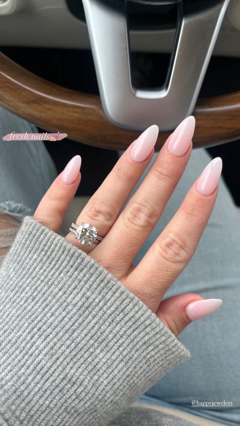 Long Pale Pink Nails, 1 Coat Funny Bunny 2 Coats Bubble Bath, 2 Coats Funny Bunny 1 Coat Bubble Bath, Bunny Pink Nails, Bubble Bath Pink Nails, Nails With Engagement Ring, Nails For Engagement Ring, Funny Bunny Bubble Bath Nails, Pink Engagement Nails