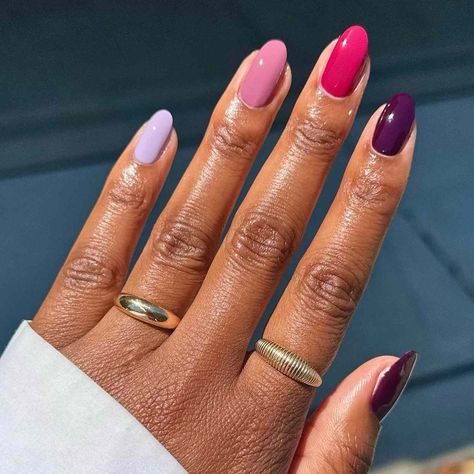 26 Gradient Nail Ideas, From Auras to Skittles Three Color Manicure, Rainbow Gradient Nails, Fall Gradient Nail Colors, Skittle Nails Color Combos, Shades Of Purple Nails, Two Different Colored Nails On Each Hand, Multi Colored Nails, Skittle Nails, Gradient Manicure