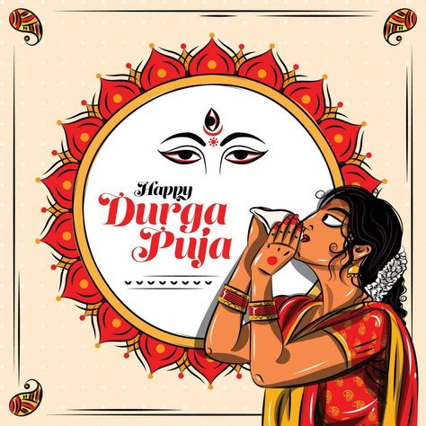 Happy durga puja. bengali lady blowing a conch shell during durga puja Durga Puja Design, Happy Durga Puja, Book Cover Design Template, Bengali Art, Durga Painting, Diwali Festival, Durga Puja, Conch Shell, Book Cover Design