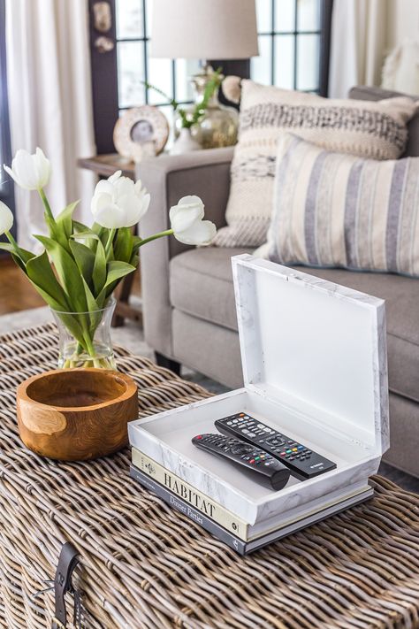 How to wrap a cigar box with contact paper to repurpose into a decorative remote control holder for a coffee table. #remotecontrolholder #coffeetabledecor Coffee Table Remote Tray, Coffee Table Remote Control Storage, Remote Control Storage Ideas, Remote Storage Ideas, Remote Holder Ideas, Coffee Table Box, Easy Dyi, Terracotta Bedroom, Coffee Table Makeover