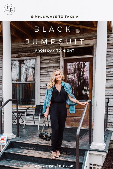 How to take a black jumpsuit from day to night How To Wear A Black Jumpsuit, How To Style Black Jumpsuit Outfit Ideas, Styling Black Jumpsuit, Styling A Black Jumpsuit, How To Style A Black Jumpsuit, What To Wear Over A Jumpsuit, How To Style A Jumpsuit, Style Black Jumpsuit, How To Style Jumpsuit