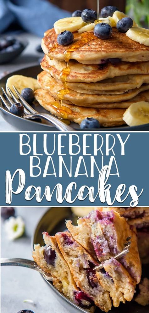 Blueberry Banana Pancakes Scratch Pancakes, Blueberry Banana Pancakes, Buttermilk Blueberry, Banana Blueberry Pancakes, Banana Pancakes Recipe, Pancakes From Scratch, Homemade Buttermilk, Oat Pancakes, Family Breakfast