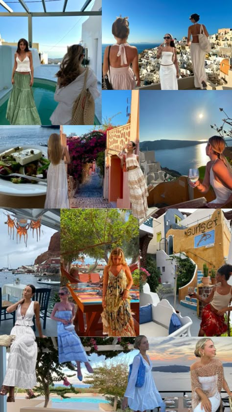 Santorini style - outfit inspo #aesthetic #inspo #outfits #outfitinspo #photoinspo #greece #santorini Outfits In Greece What To Wear, Kos Greece Outfit, Santorini Outfit Ideas Summer, Crete Greece Outfit, Corfu Greece Outfits, Greece Outfit Ideas Plus Size, Greek Cruise Outfits, Corfu Outfit, Greek Style Outfit