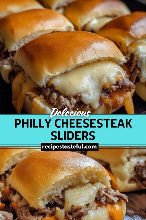 Philly Cheesesteak Sliders are a fun and delicious twist on the classic Philly cheesesteak sandwich. These sliders feature tender shaved steak, caramelized onions, and green peppers, topped with provolone cheese and baked to golden perfection. Ideal for gatherings or a hearty family meal, these sliders are easy to make and packed with flavor. Cheese Steak Sliders, Pinterest Desserts, Philly Cheesesteak Sliders Recipe, Steak Sliders, Philly Cheesesteak Sliders, Shaved Steak, Best Philly Cheesesteak, Soft Rolls, Cheesesteak Sliders