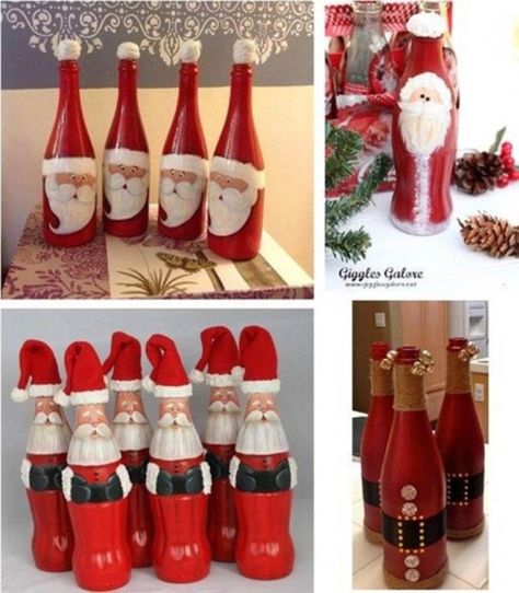 This coke bottle santa idea is a good idea for the home. Diy Santa Decorations, Coke Bottle Crafts, Painted Glass Bottles, Deco Table Noel, Diy Santa, Santa Crafts, Glass Bottle Diy, Santa Decorations, Bottle Corks