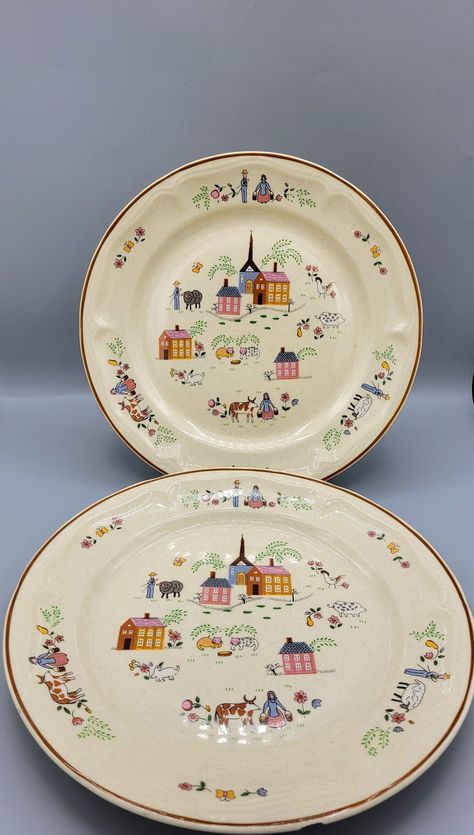 "This is a HUGE lot of dinnerware that is actually a blend of dishes from two 1980's Newcor (made in Thailand) lines that are so similar that I am pretty sure the only difference was the dinner plates. These dinner plates are clearly marked \"Our Country\" and most of the other pieces are marked Heirloom, if the line is named. A quick search of a popular replacement site confirms that the salad plates, cereal bowls, and cup & saucer sets are all the same across the 2 lines. ALL that being sa Dishes For Kitchen, Kitchen Dishes Sets, Country Plates, Kitchen Plates Set, Cute Plates, Countryside Farmhouse, Dinnerware Vintage, Beautiful Dinnerware, Salt Shakers