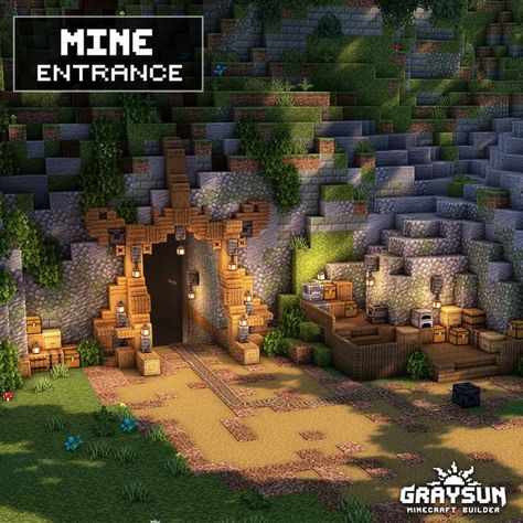 Graysun | Minecraft Content Creator on Instagram: "Minecraft - Mine Entrance🪵🪨 Save this post for later! _________________________________________ 👥️️ - Follow me @graysun.builds 📩 - Save for later 🗣 - Tag someone you would build this with ________________________________________ My builds are available for downloads on Patreon. You can find the link on my bio. _________________________________________ 🌐 - Built on: The Bakery 🎮 - Platform: Minecraft Java edition 🌄 - Shaders: Complement Mine Entrance Design Minecraft, Minecraft Cave Dungeon, Ravine Design Minecraft, Minecraft Building Mountain, Minecraft Ancient Ruins Ideas, Mine In Minecraft, Mining Building Minecraft, Minecraft Building Ideas Mine Entrance, Minecraft House With Mine Entrance