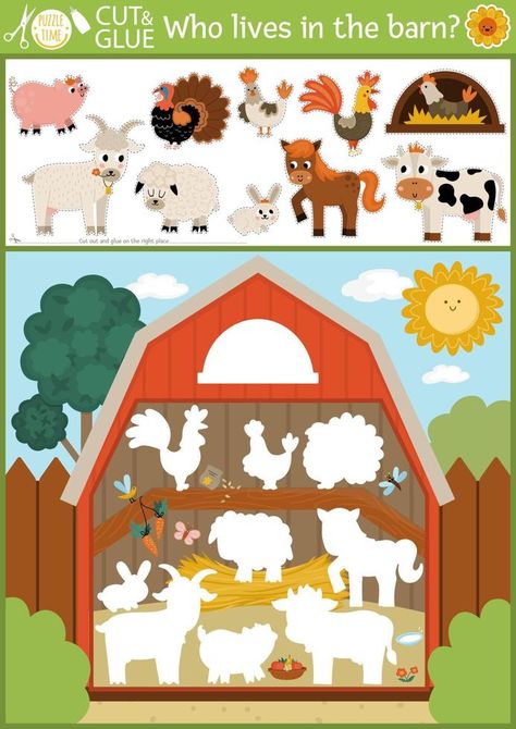 Vector on the farm cut and glue activity. Crafting game with cute farm animals and birds in the barn. Fun printable worksheet. Find right piece of the puzzle. Complete the picture. Who is missing game Animal Puzzle Printable, Farm Animals Games, Farm Animals For Kids, Farm Activities Preschool, Farm Animals Preschool, Farm Cartoon, Complete The Picture, Farm Animals Activities, Cute Farm Animals