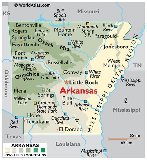 Arkansas Maps & Facts - World Atlas Mena Arkansas, Map Of Arkansas, Arkansas Map, Arkansas Road Trip, Jonesboro Arkansas, Arkansas Travel, American States, World Atlas, Mississippi Delta