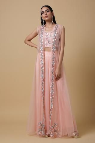 Shop for Niamh By Kriti Pink Georgette Embroidered Jacket Palazzo Set for Women Online at Aza Fashions Long Skirt Top Designs, Long Skirt And Top, Pink Thread, Embroidered Crop Tops, Palazzo Set, Party Wear Indian Dresses, Indian Fashion Designers, Embroidered Jacket, Thread Work