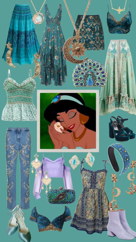 Jasmine #aladdin #jasmine #princessjasmine #disney #disneybound #disneyfashionseries #teal #blue #princess #disneyprincess Jasmine Outfit Ideas Disney Princess, Jasmine Aesthetic Outfit, Disney Princess Outfits Women Casual, Jasmin Inspired Outfits, Princess Jasmine Aesthetic Outfit, Disney Princess Outfits Aesthetic, Princess Jasmine Disneybound, Disney Inspired Outfits Casual, Princess Jasmine Outfit Ideas