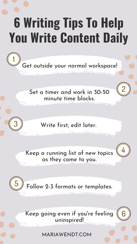 In this article, I'm sharing the 6 practical things you can do to create content that will help you attract clients with your copy every single day:

• Writing Tip #1: Get outside your normal workspace
• Writing Tip #2: Set a timer and work in 30-50 minute time blocks
• Writing Tip #3: Write now, edit later
• Writing Tip #4: Keep a running tally of your topics as they come to you
• Writing Tip #5: Follow 2-3 formats or templates
• Writing Tip #6: Keep going even when you’re feeling uninspired Article Writing Prompts, Content Writing Topics, Article Writing Topics, Content Writing For Beginners, Article Writing Tips, Content Writing Tips, Writing Challenges, Feeling Uninspired, Writing Content