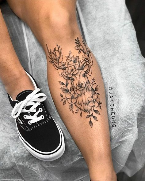 Sun And Moon Lace Tattoo, Stag Sleeve Tattoo, Elk Tattoos Women, Girly Animal Tattoos, Country Leg Sleeve Tattoo, Deer Tattoo For Women, Women’s Calf Tattoo Ideas, Feminine Stag Tattoo, Adding To Tattoo Ideas