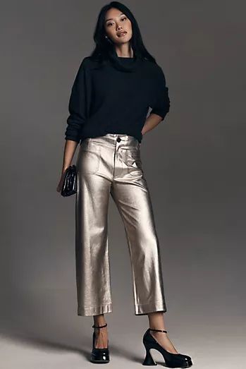 Metallic Pants Outfit, Cropped Wide Leg Trousers, Cozy Oversized Sweaters, Leather Leggings Outfit, Silver Pants, Vegan Leather Leggings, Maeve Anthropologie, Metallic Pants, Cropped Wide Leg Pants