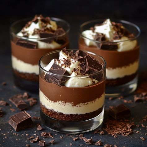 Desert Aesthetic Food, Dark Desserts, Summer Cheesecake Recipes, Chocolate Mousse Cups, Aesthetic Desserts, Dessert Aesthetic, Dessert Cups Recipes, Dark Chocolate Mousse, Homemade Cookbook