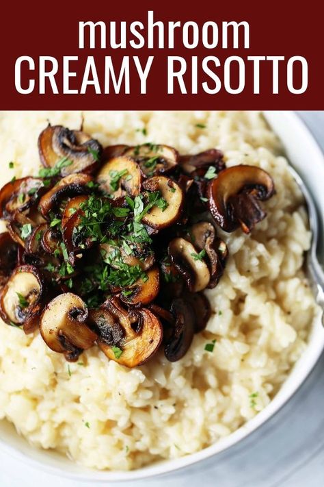 Creamy Mushroom Risotto. Rich, creamy rice slowly simmered with chicken broth, butter, parmesan cheese, and topped with butter sauteed mushrooms. www.modernhoney.com #risotto #homemaderisotto #mushroomrisotto Mummy Recipes, Mushroom Risotto Recipes, Creamy Rice, Mushroom Risotto, Risotto Recipes, Idee Pasto Sano, Pinterest Recipes, Us Foods, Parmesan