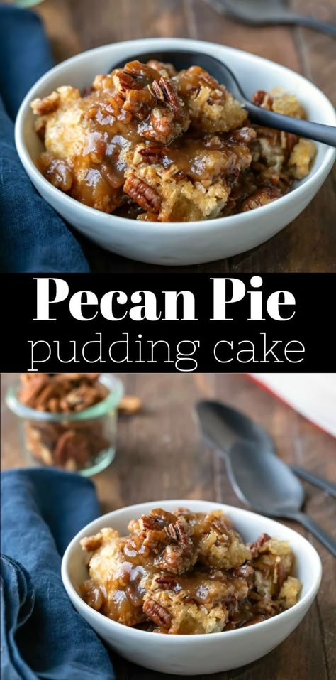 Pecan pie pudding cake makes a layer of cake with a layer of pecan pie pudding underneath. Great Thanksgiving dessert that isn't pie! #Thanksgiving #dessert #pecanpie #cake #recipe #easy Pecan Pie Pudding, Easy Thanksgiving Dessert Recipes, Thanksgiving Desserts Kids, Cake Recipe Easy, Pecan Desserts, Pie Thanksgiving, Thanksgiving Desserts Easy, Dessert Simple, Thanksgiving Food Desserts