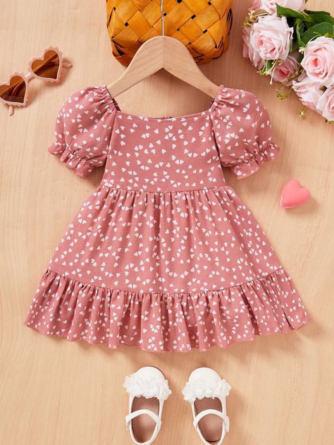 Pink  Collar Short Sleeve Woven Fabric Heart,All Over Print A Line Embellished Non-Stretch  Baby Girls Clothing Heart Shape Dress, Pattern Puff Sleeve, Fabric Heart, Rose Bonbon, Pink Collar, Pink Collars, Ruffle Hem Dress, Puffed Sleeves Dress, Vestido Casual