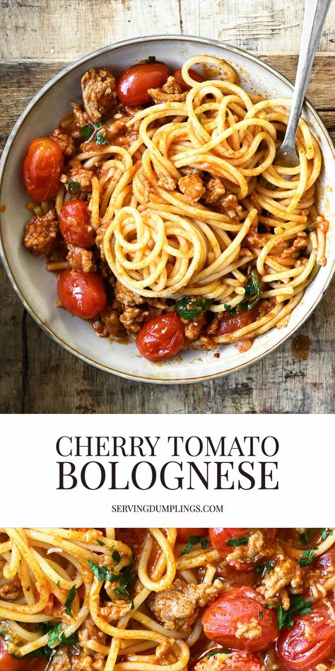 Cherry Tomato Bolognese Ground Turkey Cherry Tomatoes, Pasta Recipes With Cherry Tomatoes, Summer Bolognese, Pasta Cherry Tomatoes, Serving Dumplings, Bolognese Spaghetti, Pasta Bolognese Recipe, Apartment Cooking, October Recipes