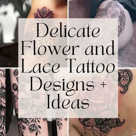 Delicate Flower and Lace Tattoo Designs + Ideas - TattooGlee Lace Half Sleeve Tattoo, Flower And Vine Tattoo For Women, Delicate Vintage Tattoo, Small Flower Sleeve Tattoo, Feminine Black Tattoos, Lace Arm Tattoos For Women, Lace Tattoo Stencil, Tattoo Stencils Flowers, Vintage Flowers Tattoo