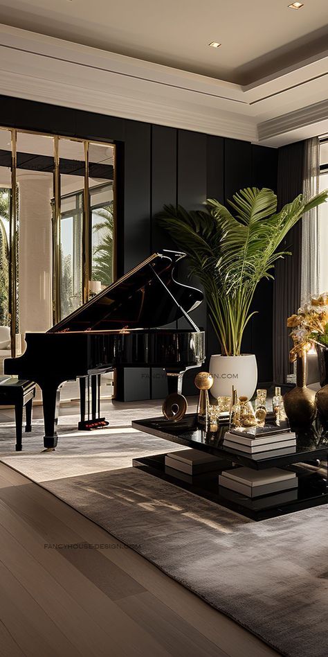 Living Rooms With Pianos, Art Deco Music Room, Grand Piano Living Room Luxury, Piano Room Aesthetic, Piano Entryway, Piano Studio Room, Grand Piano Decor, Luxury Piano, Piano Room Design