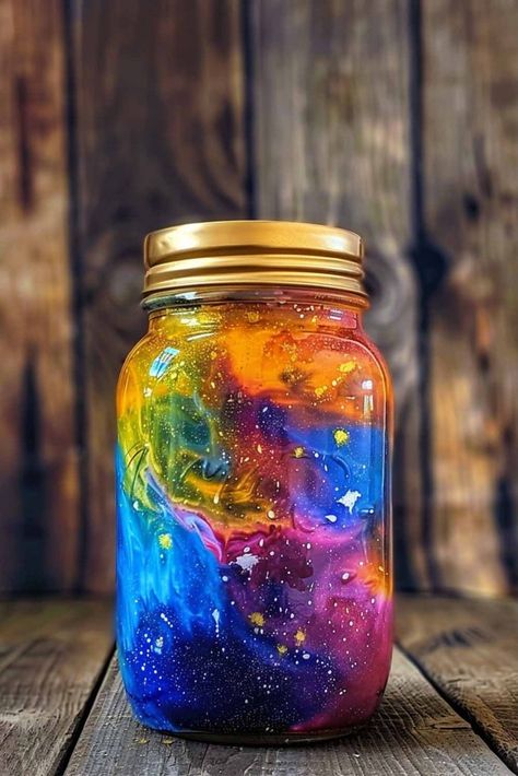 How To Make Your Own Galaxy In A Mason Jar! - Mental Scoop Jar Bottle Crafts, Nebula In A Jar, Dream Jars Diy, How To Make Galaxy Jars, Glow In The Dark Galaxy Jars, Galaxy Jars Diy For Kids Easy, Galaxy Jars Diy For Kids, Universe In A Jar, Easy Experiments For Kids