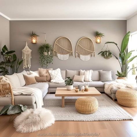 Design Home Kitchen, Grey Couch Living Room, Boho Chic Living Room, Beige Living Rooms, Cosy Living Room, Boho Living Room Decor, Kitchen Home Decor, Neutral Living Room, Hus Inspiration