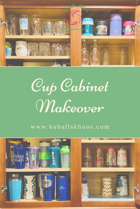 This cup cabinet makeover takes organizing to a new level. Come check out the small changes that made a huge difference at Kuball's Khaos. How To Organize Cups In Cabinet, Organizing Cups In Cabinet, Organize Cups In Cabinet, Cups Organization Ideas, Cup Cabinet Organization, Coffee Cup Organization, Cup Organization Kitchen, Cup Storage Ideas, Coffee Cup Storage