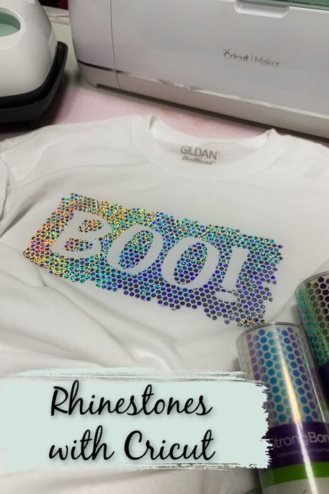 How To Make Rhinestone Template Cricut, How To Rhinestone A Shirt, Hotfix Rhinestone Ideas Diy, How To Bedazzle Clothes, Rhinestone Templates Free Cricut, Cricut Essentials, Diy Rhinestone Shirt, Rhinestone Tshirt Designs, Cricut Venture