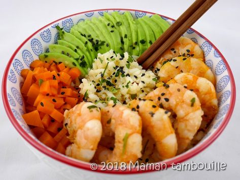 Poke bowl aux crevettes sautées Bhudda Bowls, Budha Bowls, Poke Recipe, Poke Bowls, Luge, One Pot Pasta, Poke Bowl, Buddha Bowl, Batch Cooking