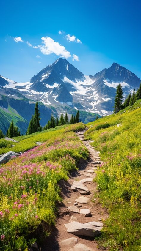 Mountain Trail Hike: A scenic mountain trail leads towards a majestic snowy peak under a clear blue sky. #mountain #trail #hike #wildflowers #snow #peak #sky #blue #aiart #aiphoto #stockcake https://ayr.app/l/bW1r Narnia Room, Snowy Mountain Landscape, Book Illustration Design, Snow Flower, Mountain Trail, Sky Mountain, Beautiful Landscape Photography, Mountain Valley, Snow Peak