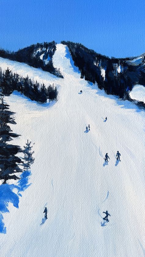 Blue and white painting of small skiers and snowboarders carving their way down the mountain. Inspired by Winter Park, USA Skiing Canvas Painting, Ski Hill Painting, Winter Painting Landscape, Aesthetic Winter Painting, Skiing Painting Easy, Ski Painting Ideas, Winter Painting Aesthetic, Ski Painting Acrylic, Ski Slope Painting