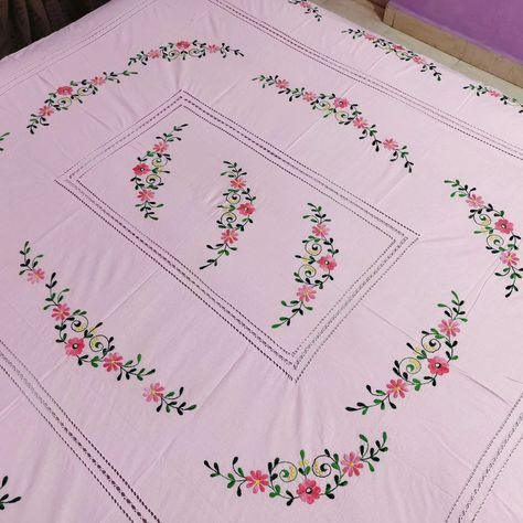 Hand embroidery bedsheet With hand cutwork Hand cutwork is a technique in which threads are drawn out of the fabric and the hole that is made is filled with thread that comes out like a net cotton fabric bedsheet Queen size double bedsheet with two pillow cover Pink color 1750/- free shipping all over india No cash on delivery 7710863253 #reels #handembroiderybedsheet #handembroidery #handembroidered #handmadecrafts #handloom #gift #giftideas Hand Embroidery Bedsheet, Embroidery Bedsheet, Stitches Design, Crochet Flowers Free Pattern, Hand Painted Fabric, Hand Embroidery Patterns Flowers, Floral Embroidery Patterns, Hand Work Embroidery, Embroidery Flowers Pattern