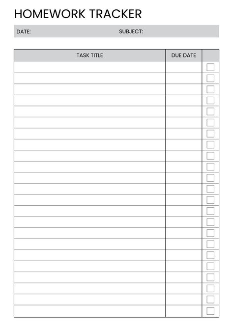 Homework tracker - B&W ultimatedigitalplanner #landscapedigitalplanner📗 Study And Homework Schedule, Study Schedule Template Free Printable, Homework Planner Aesthetic, Assignments Tracker, Exam Tracker, Task Schedule, Homework Template, Homework Schedule, Study Schedule Template