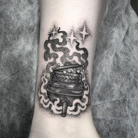 Cauldron tattoo - witchy tattoo Caldron Tattoos, Witchy Knee Tattoo, Cauldron Tattoos, Couldren Tattoo, Cottage Tattoo, Cauldron Tattoo, Witchy Sleeve, Folk Tattoo, Witchy Tattoos