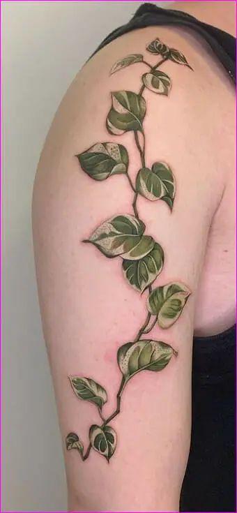 Leaf Neck Tattoos Women, Pothos Plant Line Drawing, Womens Vine Tattoos, Vine Tattoos Color, Plant Tattoos Color, Green Ivy Tattoo, Freehand Vine Tattoo, Colored Plant Tattoo, Satin Pothos Tattoo