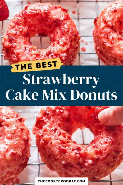 Strawberry Donuts (Cake Mix Donuts) Recipe - The Cookie Rookie® Cake Mix Donuts Fried, Homemade Strawberry Cake Mix Recipes, Strawberry Cake Mix Donuts Baked, Cake Mix Mini Donut Recipe, Cake Mix Baked Donut Recipes, Cake Mix Donuts In Mini Donut Maker, Cake Mix Doughnuts Baked, Easy Baked Donuts With Donut Pan, Baked Donuts With Donut Pan Cake Mixes