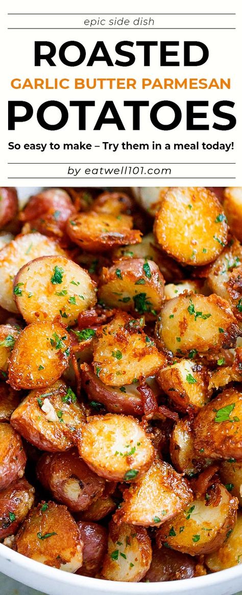 Roasted Garlic Butter Parmesan Potatoes Recipe - #eatwell101 #recipe #poatoes #sidedish - These epic roasted potatoes with garlic butter parmesan are perfect side for your meal! - #recipe by #eatwell101® Roasted Garlic Butter Parmesan Potatoes, Garlic Butter Parmesan Potatoes, Butter Parmesan Potatoes, Garlic Potatoes Recipe, Roasted Garlic Butter, Parmesan Potato Recipe, Resepi Biskut, Garlic Roasted Potatoes, Roasted Potato Recipes